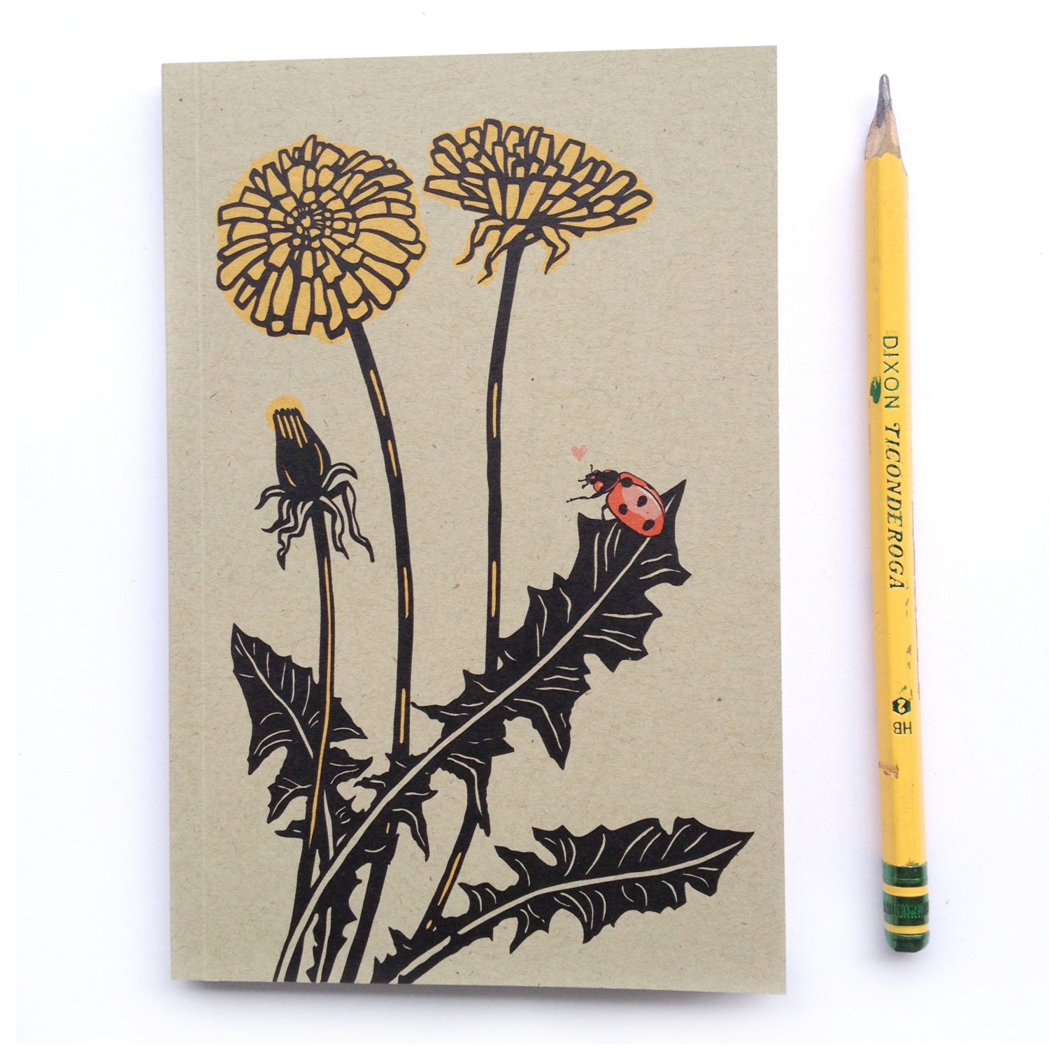 1 Small Mini Dandelion Journal, small blank sketch pocket book, ladybug love garden, original design, all recycled paper