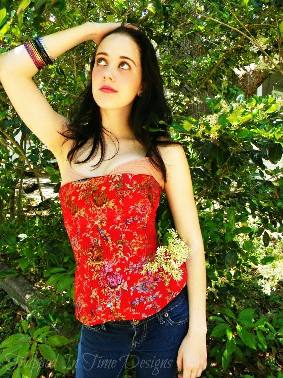 Bustier Corset, Red Bustier, Brocade Corset,  Floral Brocade Bustier,  Corset