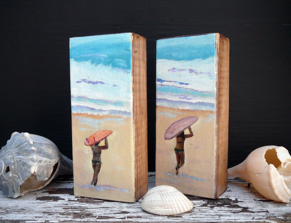 Surfer girls, surf art, original beach painting- surf decor, wood blocks, beach house decor by Cathie Carlson