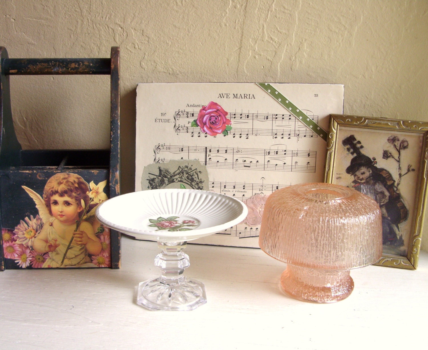 Victorian Rose Collection Wood Cherub Caddy Music Collage Vintage Frame Pedestal Dish Candle Holder
