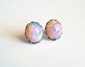 Fire Opal Stud Earrings Vintage Domed Glass Cabochon Posts Hypoallergenic Opal Jewelry