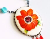 Red Teal Floral Cameo Necklace Large Vintage Poppy Flower Cabochon Pendant Poppy Jewelry