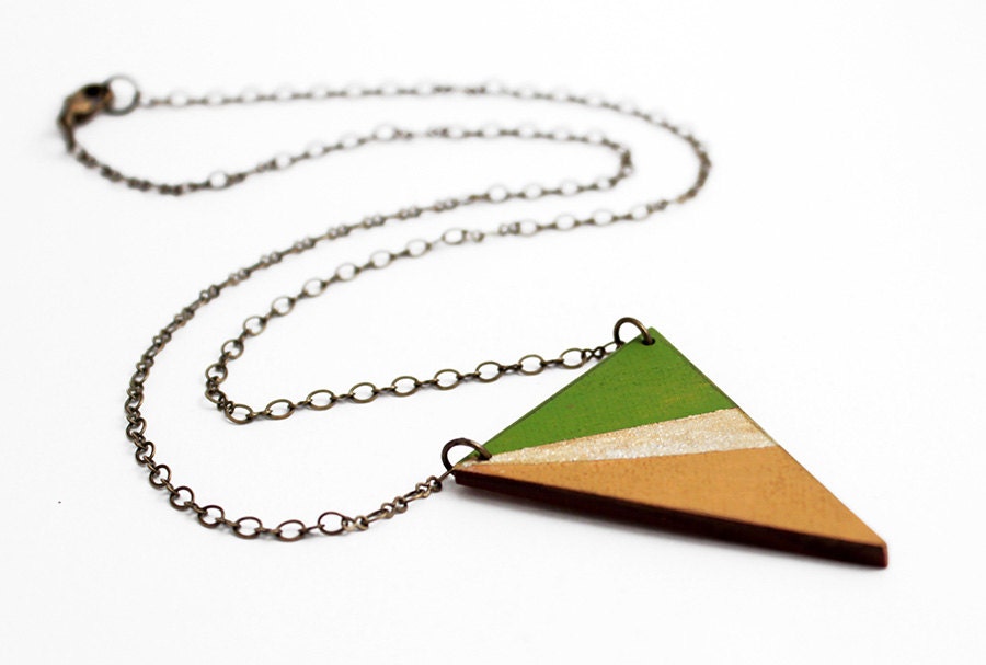 Geometric, wooden triangle necklace - lime green, gold and mustard yellow - minimalist, modern jewelry - color blocking