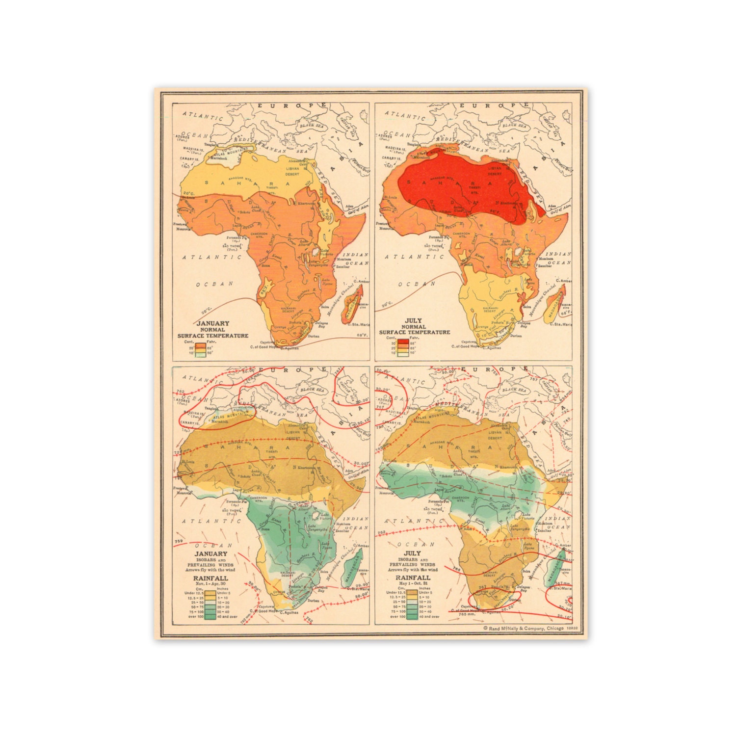 Africa - Temperature and Rainfall. Vintage 1940s Scale Map. 8" x 10". Ready to Frame. (No. 1242)
