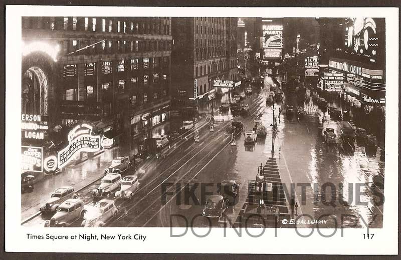 New York City Vintage Real Photo Postcard - Times Square at Night (Unused)
