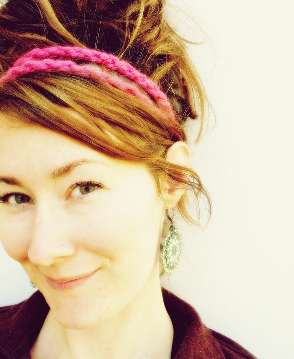 Raspberry HEADBAND - Ages 4 to Adult, Elastic, Wood Bead, Stretchy, Acrylic Wool Yarn, Handmade, Stocking Stuffer, Girl, Woman, Yarnival.