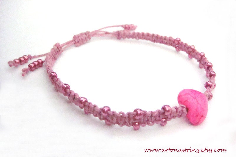Pink Heart & Hemp Arm Candy Macrame Bracelet, Minimalist Bracelet, Simple Bracelet, Layering Bracelet, Friendship Bracelet