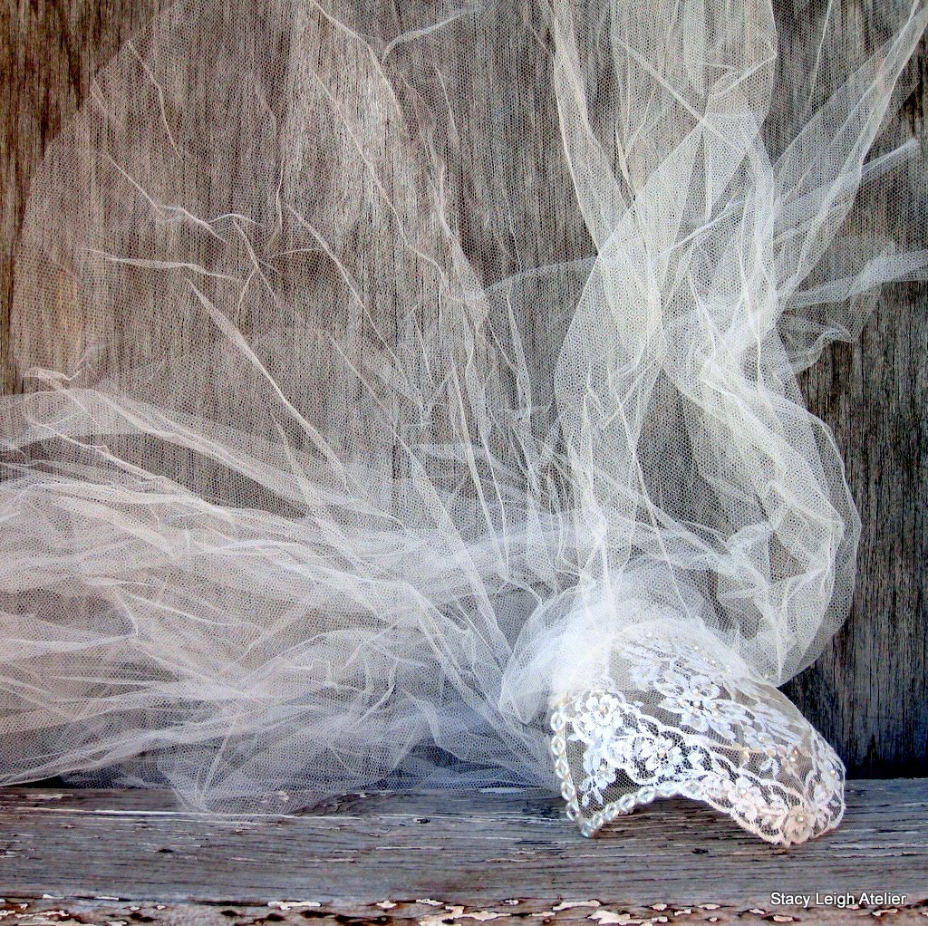 Vintage Short Bridal Veil with Lace, Pearls, and Iridescent Sequins