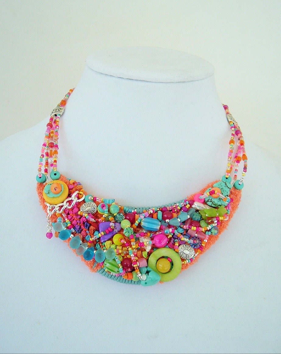 Boho Chic Necklace, Statement Necklace, Bohemian Jewelry, Beadwork, Wearable Art, Colorful Art