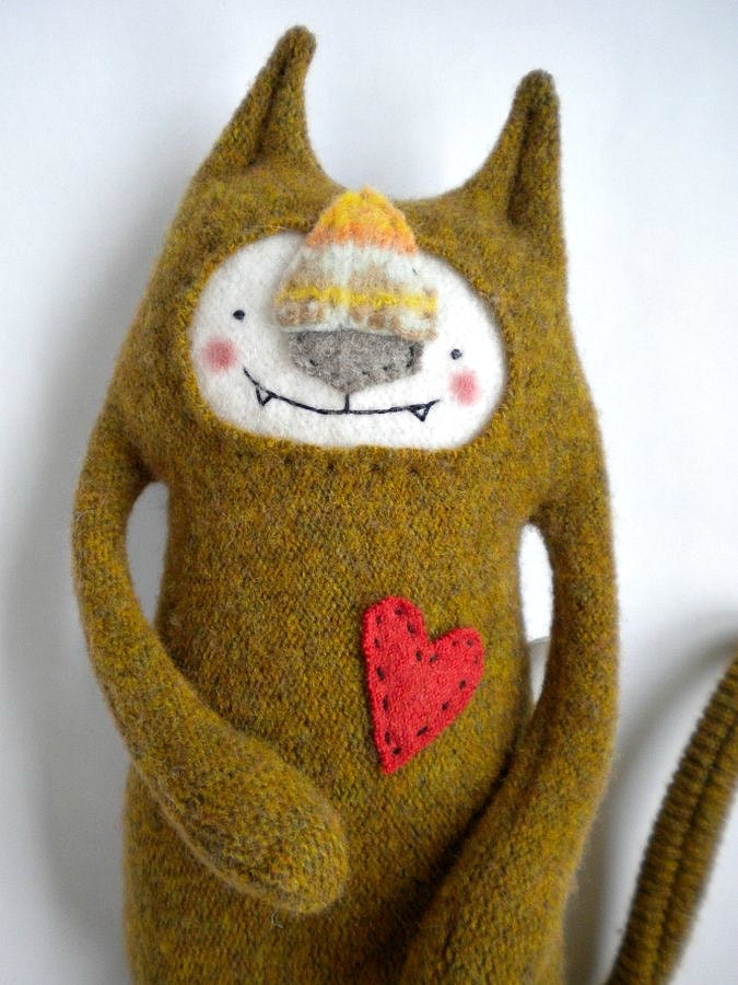 Cat Stuffed Animal Upcycled Gold Wool Sweater Repurposed