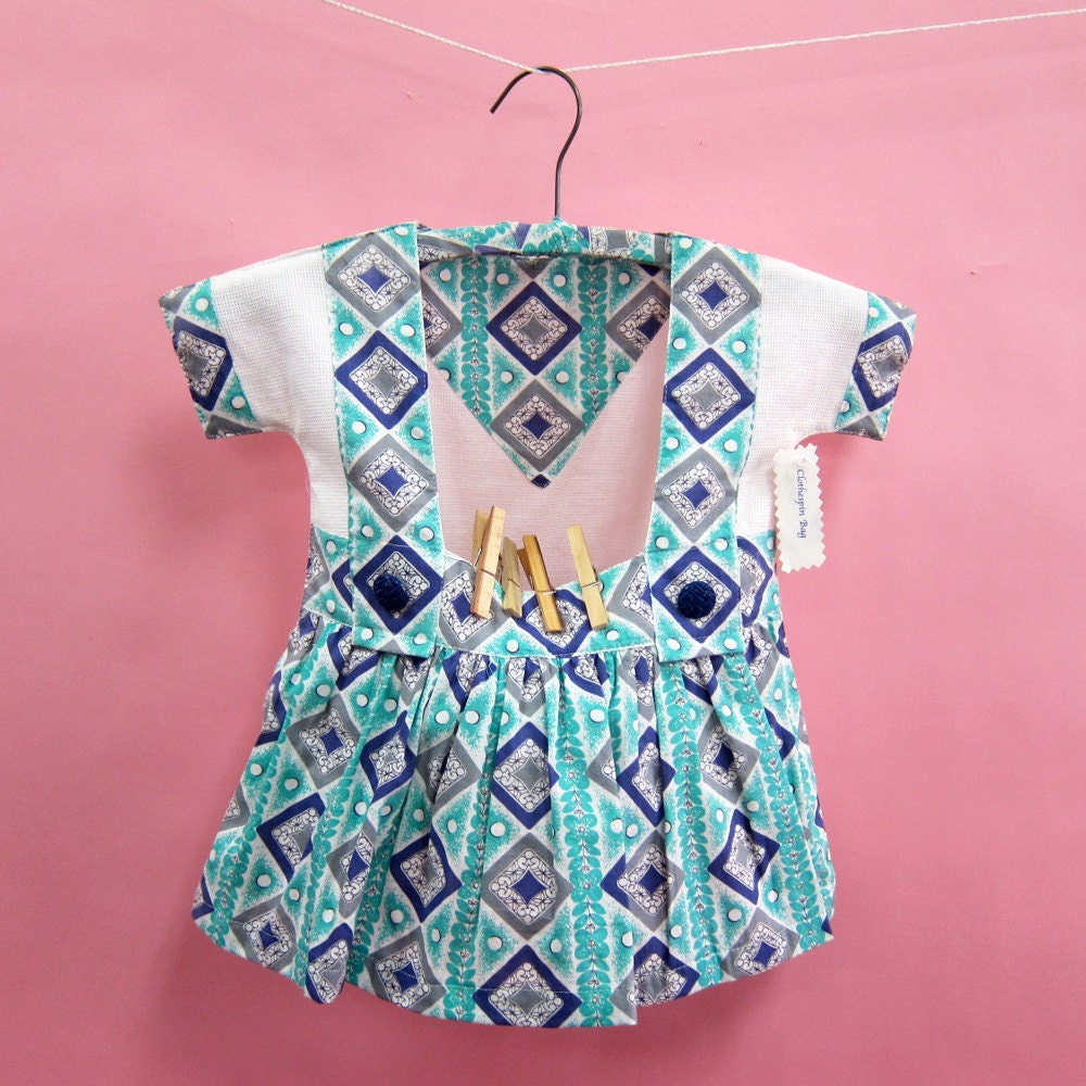 Clothes Pin laundry bag, Vintage Aqua Purple cotton print