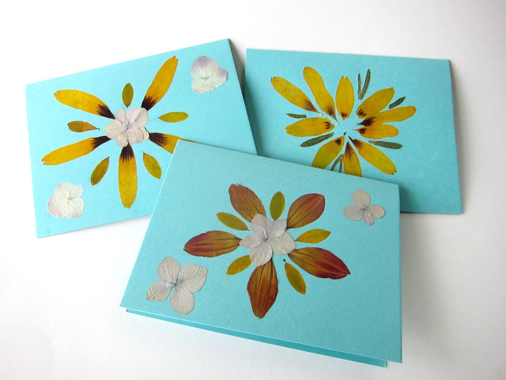 Pressed Flower Card Sunflowers on Aqua Note Card Blank Greeting Card