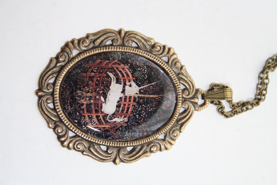 Unicorn necklace - gothic victorian tapestry unicorn fantasy mythological pendant necklace