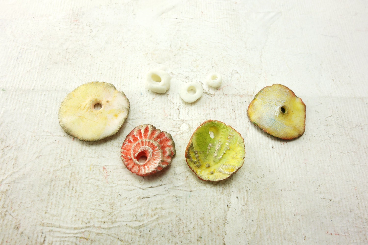 Artisan Ceramic Porcelain Bead collection  Sea urchin ammonite  fresh leaf green blossom pink spring yellow