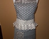 A  New Design in Aprons Named Cosette in Baby Blue Polka Dots on Gray and Cream on Gray