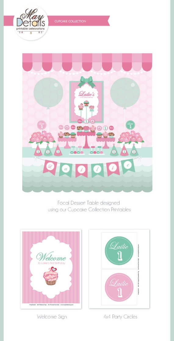 Custom Pink and Green Cupcake Birthday DIY Party Package by MayDetails: Full Collection Il_570xn