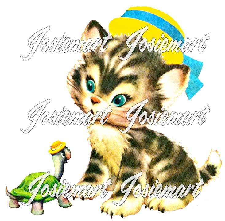 Vintage Digital Download Kitty with Turtle Vintage Image Collage Large JPG PNG