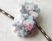 Scalloped Round Hair Pins.  Pink Cabbage Roses on White Porcelain Hearts. Shabby Chic. Set of 2 Bobby Pins. Bridal or Wedding