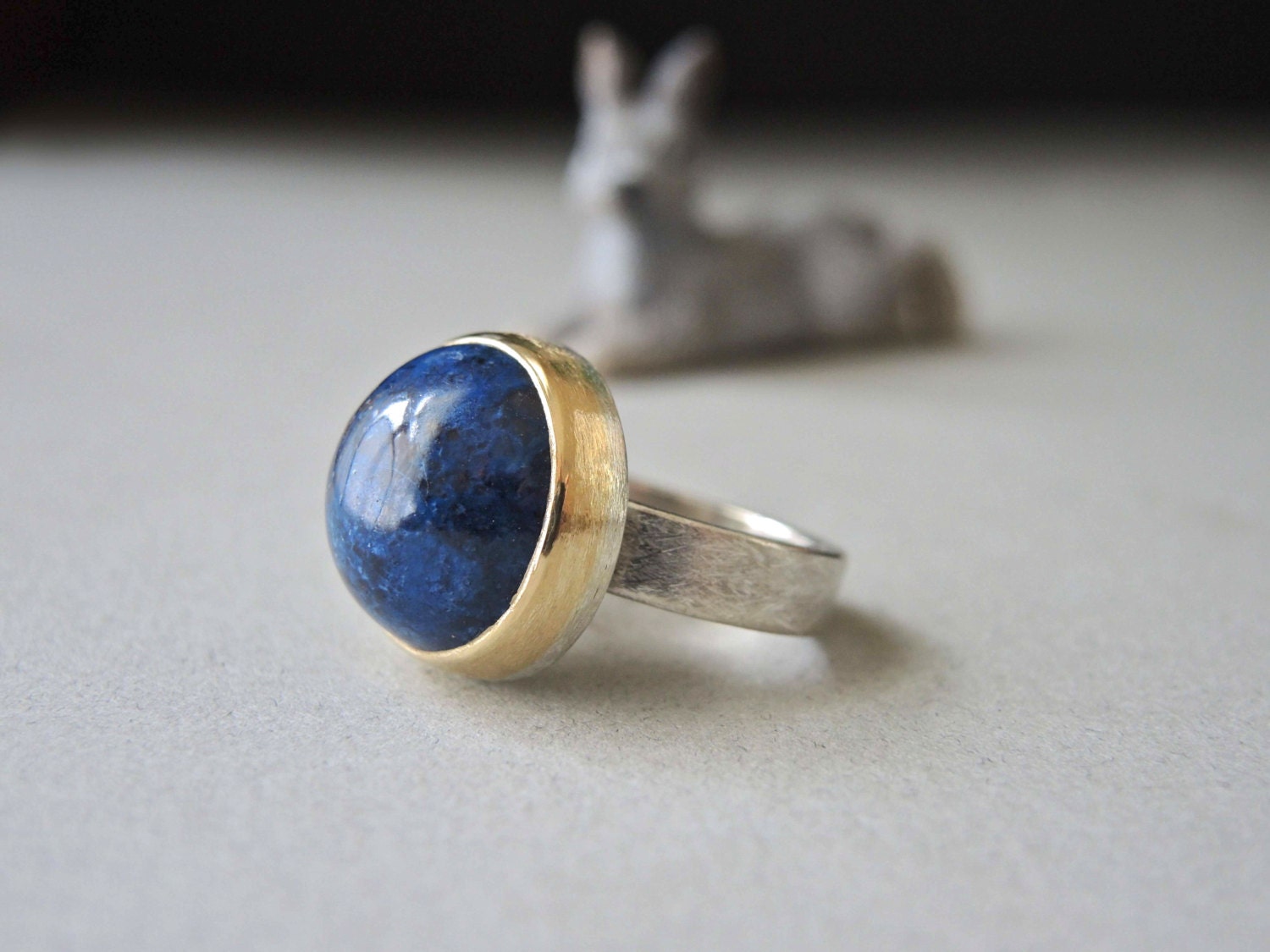 Blue Stone Ring, Shattuckite, Sterling Silver, 18kt Gold, Fabricated, High Dome