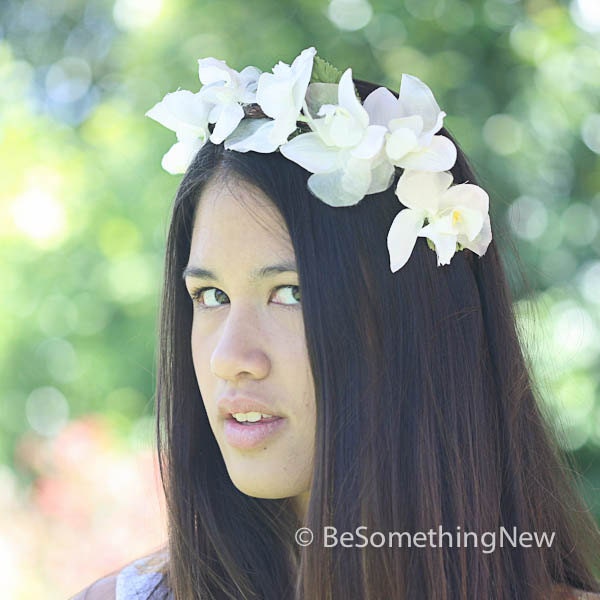 wedding wreath of silk orchids on woodland headband, wedding hair