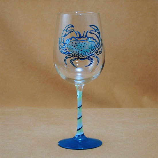 Blue Crab Hand Painted Wine Glass by ByBeccaGlass on Etsy