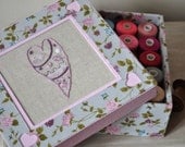 Fabric Covered and Hand Embroidered Cartonnage Box for Notions, Jewelry, Keepsakes