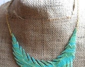 Teal and gold lace single recycled leather feather necklace
