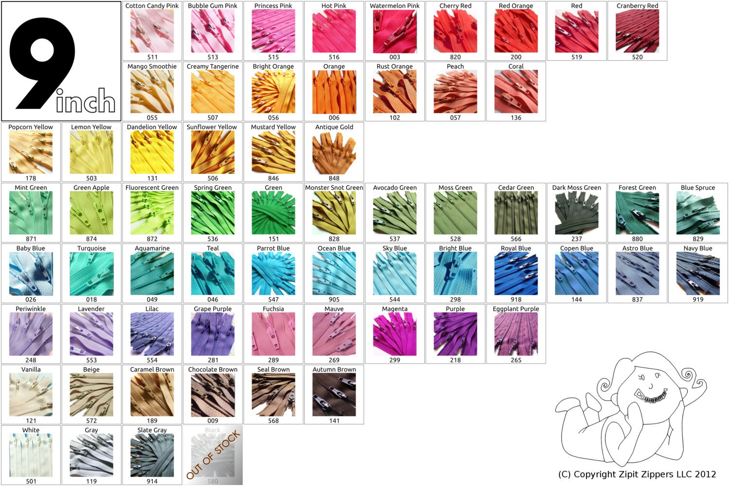 Your Choice Of 100 9 Inch YKK Zippers Mix and Match red bright orange yellow green parrot blue eggplant purple beige slate chocolate brown