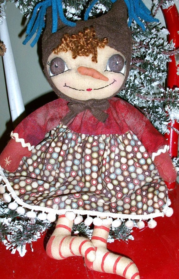 Primitive Handmade Snowgirl Isabel Soft Sculpture Doll Carrot Nose Dressed For Winter with Plush Fleece Hat