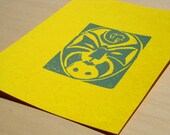 Snake Mask Linocut Print Green on Yellow