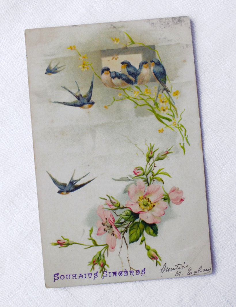 French Vintage New Year Greetings Postcard/Flower and Swallow Home Decor Card/Antique Collectible Card