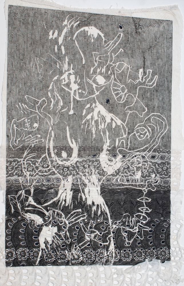 Fierce Fragility And The Errant Strand  Mixed Media lace collage linoleum black print ooak