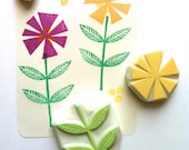 flower hand carved rubber stamp. hand carved stamp. spring field stamp set. set of 3.