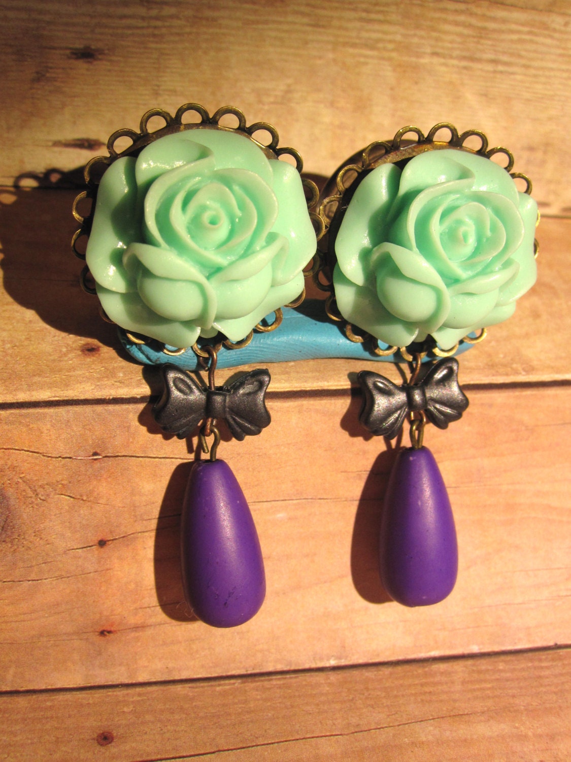 Pair of Seafoam Rose Plugs with Bows and Purple Teardrop Bead Danglies - Handmade Girly Gauges - 3,4", 7/8" and 1"