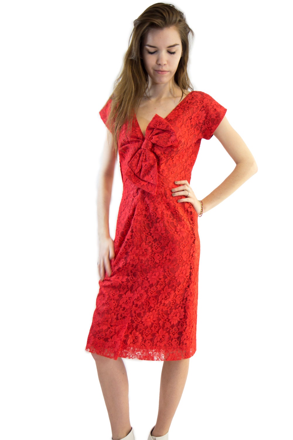 Vintage V-Neck Red Lace Bow Dress .. xs