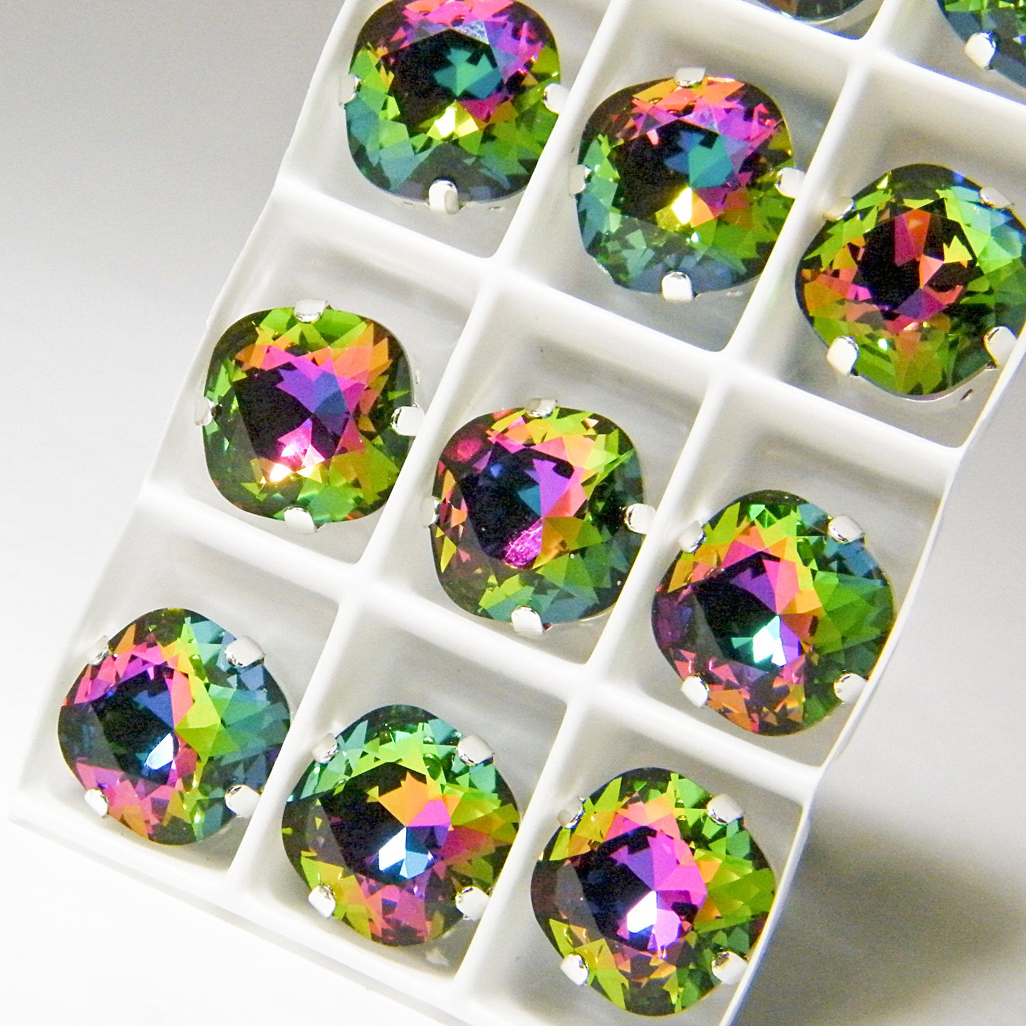 MUST SEE Chrysolite Electra 4470 Swarovski 12mm Fancy Square Sew On Crystal Rhinestone Prong Setting 4 Hole Slider