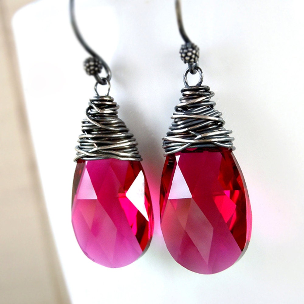 Dark Pink Earrings, Crystal Drop, Oxidized Silver, Magenta, Kande Kristina Henning - Kara