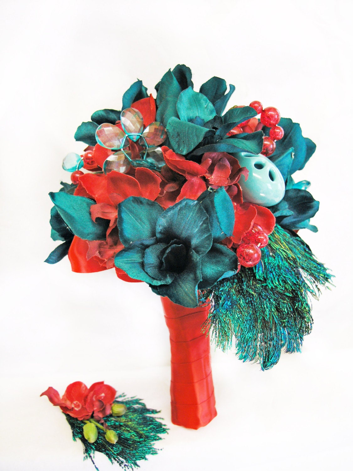 Peacock Bridal Bouquet Teal & Red Wedding Flowers