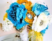 Golden Jeweled Bridal Bouquet Blue Silk Wedding Flowers Set