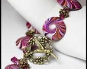 Handmade Jewelry Bracelet Beaded Antique Brass Polymer Clay Beads Crystal Swirl Spiral Purple Magenta Lavender Gold Flower...Hummingbird