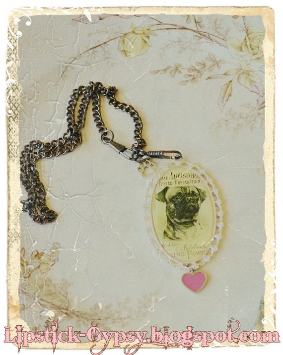 Vintage Style Pug Pendant Centerpiece with Heart and Paw Charm on Blackened Chain Necklace Junk Yard Dog Collection Necklace