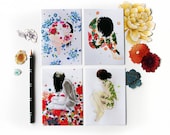 Flower Set 2 - Collection of 4 Art Postcards - Colorful floral Girl Drawings