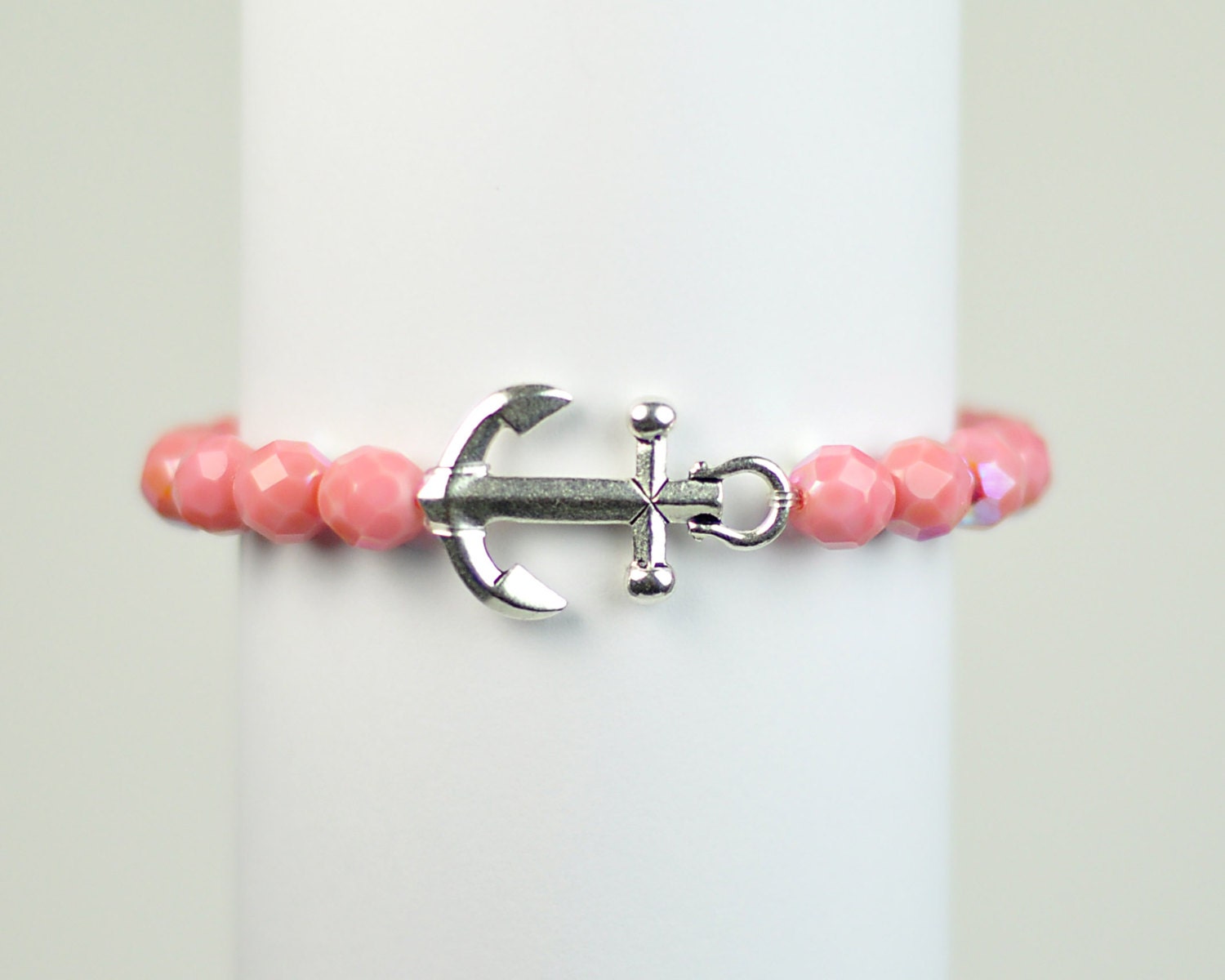 Anchor Bracelet -  Pink Bead Stretchy Bracelet