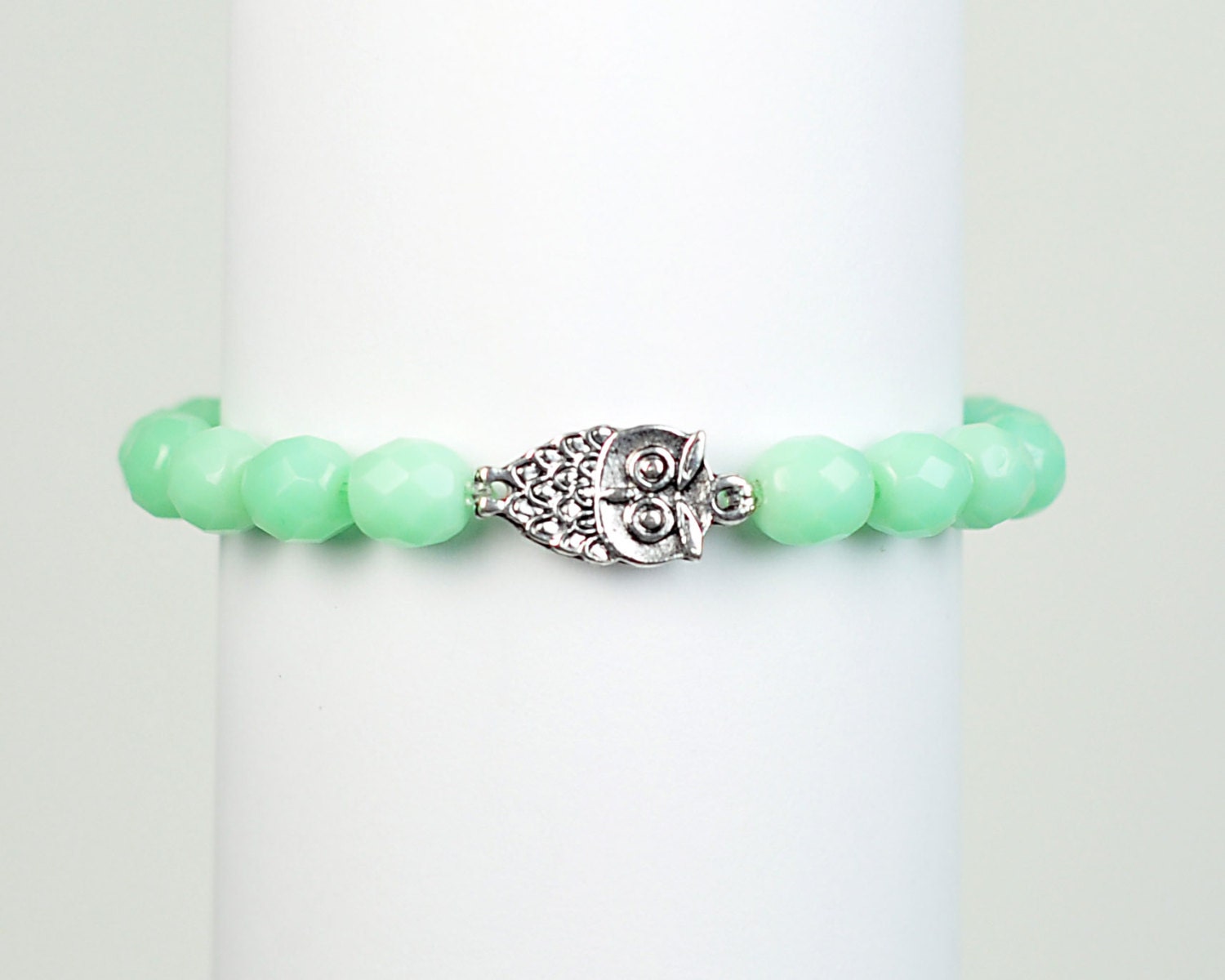 Owl Bracelet -  Green Opal Bead Stretchy Bracelet