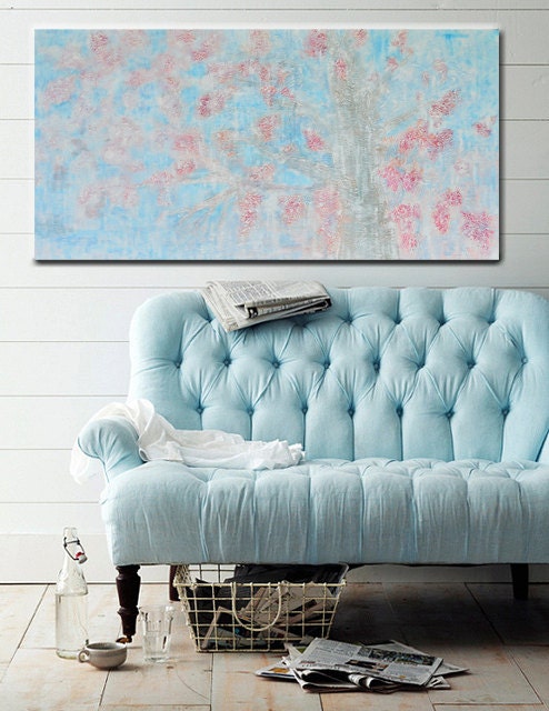 Art, painting, acrylic, landscape, Abstract, original Painting, scenic, tree, pastel blue, canvas 24 x 48 in