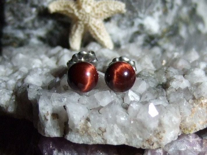 6mm Red Tiger Eye Stud Earrings Earings Titanium Posts and Clutches Hypo Allergenic Handmade in Newfoundland Grace