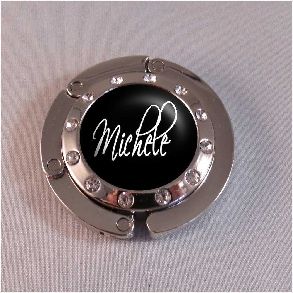 Black and White Script Name Swarovski Rhinestone Purse Hanger Bag Hook - Great gift for Bride, Bridesmaid, Mom, Wife, Girlfriend