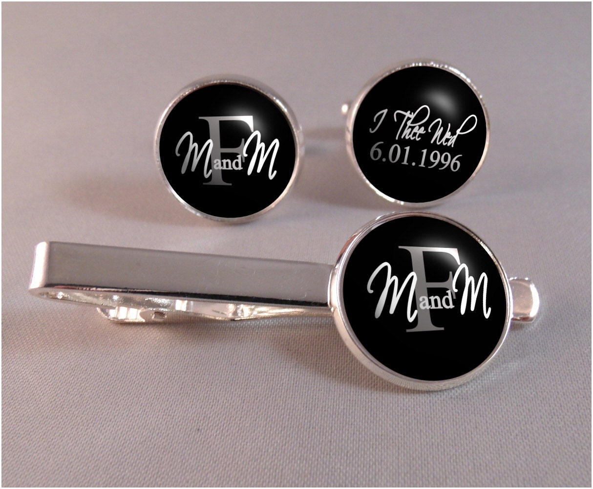 Personalized Groom Cufflinks and Tie Clip Set - Weddings, Anniversaries - Save the Date Couples Initials - Silver or Antique Bronze Finish