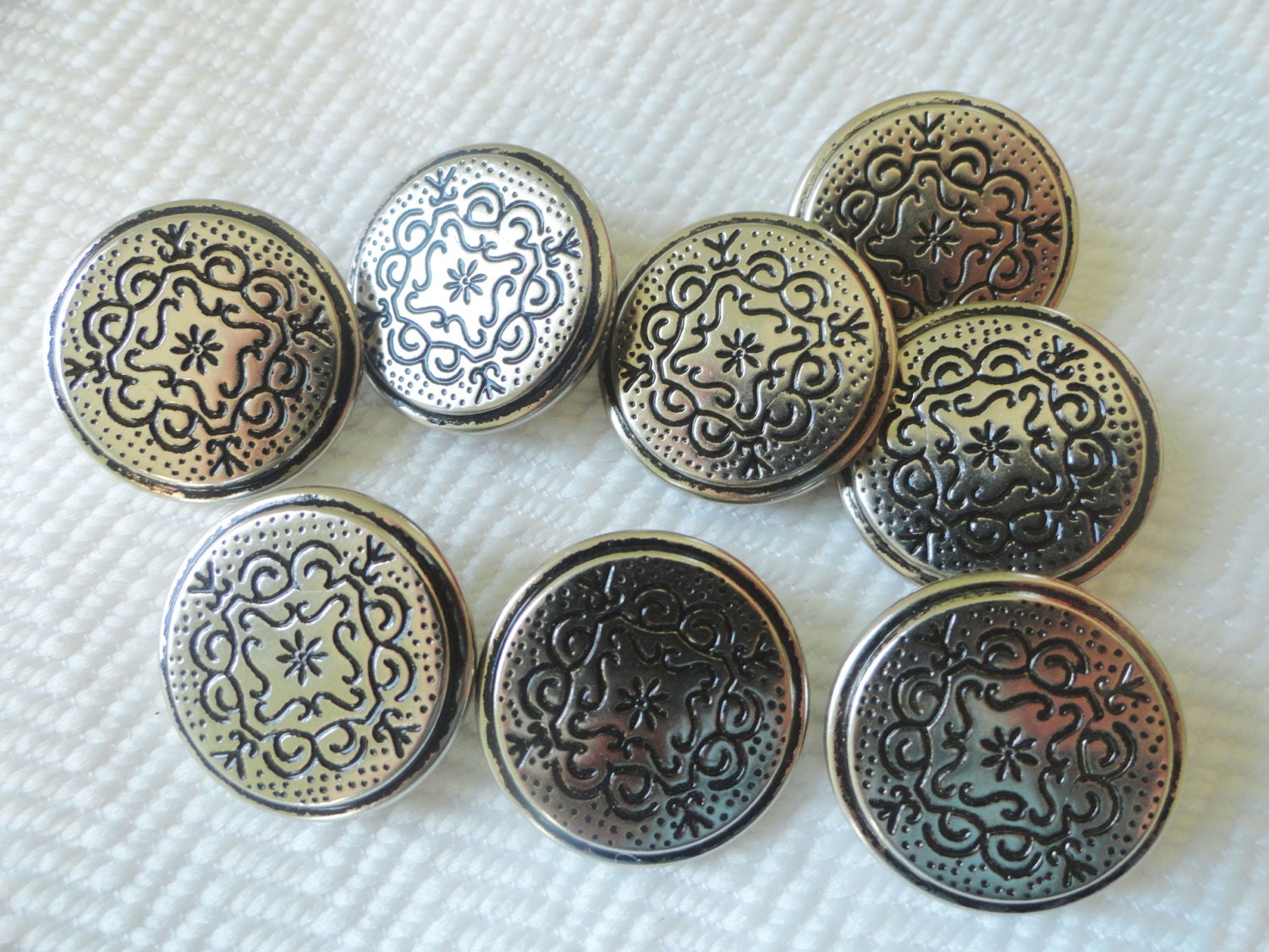 Industrial Vintage Buttons - 8 Silver Metal with Ornate Swirls