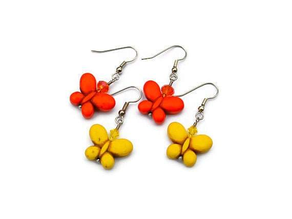 Two Turquoise Butterfly Dangle Earrings Yellow, Red, White, Green, Pink, Orange, Purple Howlite